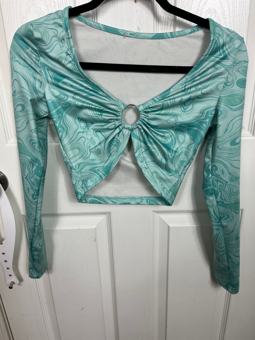 SHEIN Teal Swirl Ring Front Cutout Crop Top XS Y2K Long Sleeve